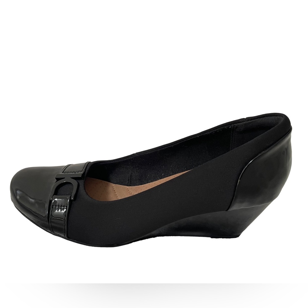 Clarks Black Wedge Pump with Patent Accent